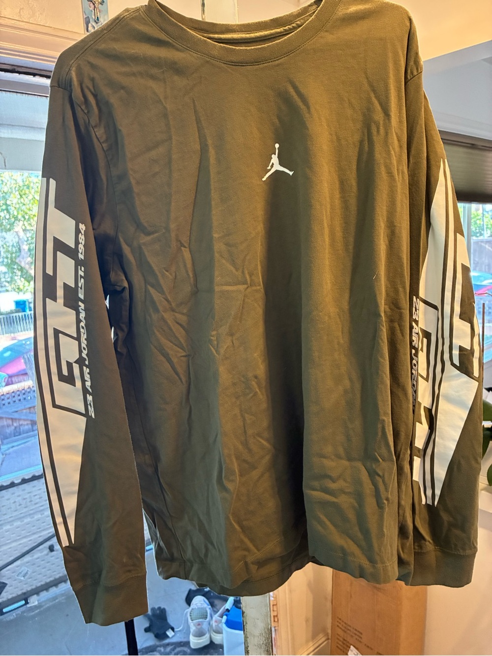 Men’s XL Jordan Olive Green Long-Sleeve Tee with White Sleeve Graphics